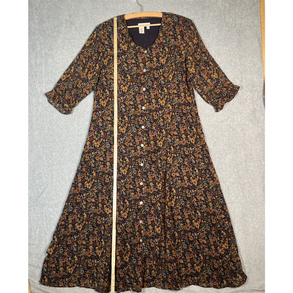 Vtg Maxi Dress Womens 18 Silk Witchy Dark Cottage Core Button Front Long Maxi - Picture 5 of 14